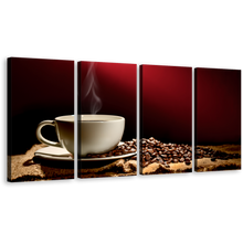 Load image into Gallery viewer, Coffee Cup Canvas Wall Art, Brown Coffee Beans Multiple Canvas, White Coffee Mug Smoke 4 Piece Canvas Print
