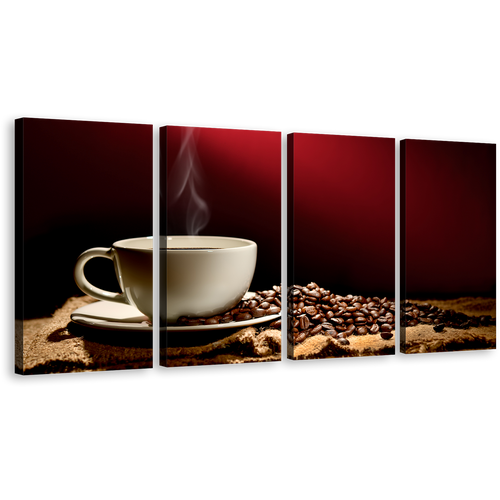 Coffee Cup Canvas Wall Art, Brown Coffee Beans Multiple Canvas, White Coffee Mug Smoke 4 Piece Canvas Print