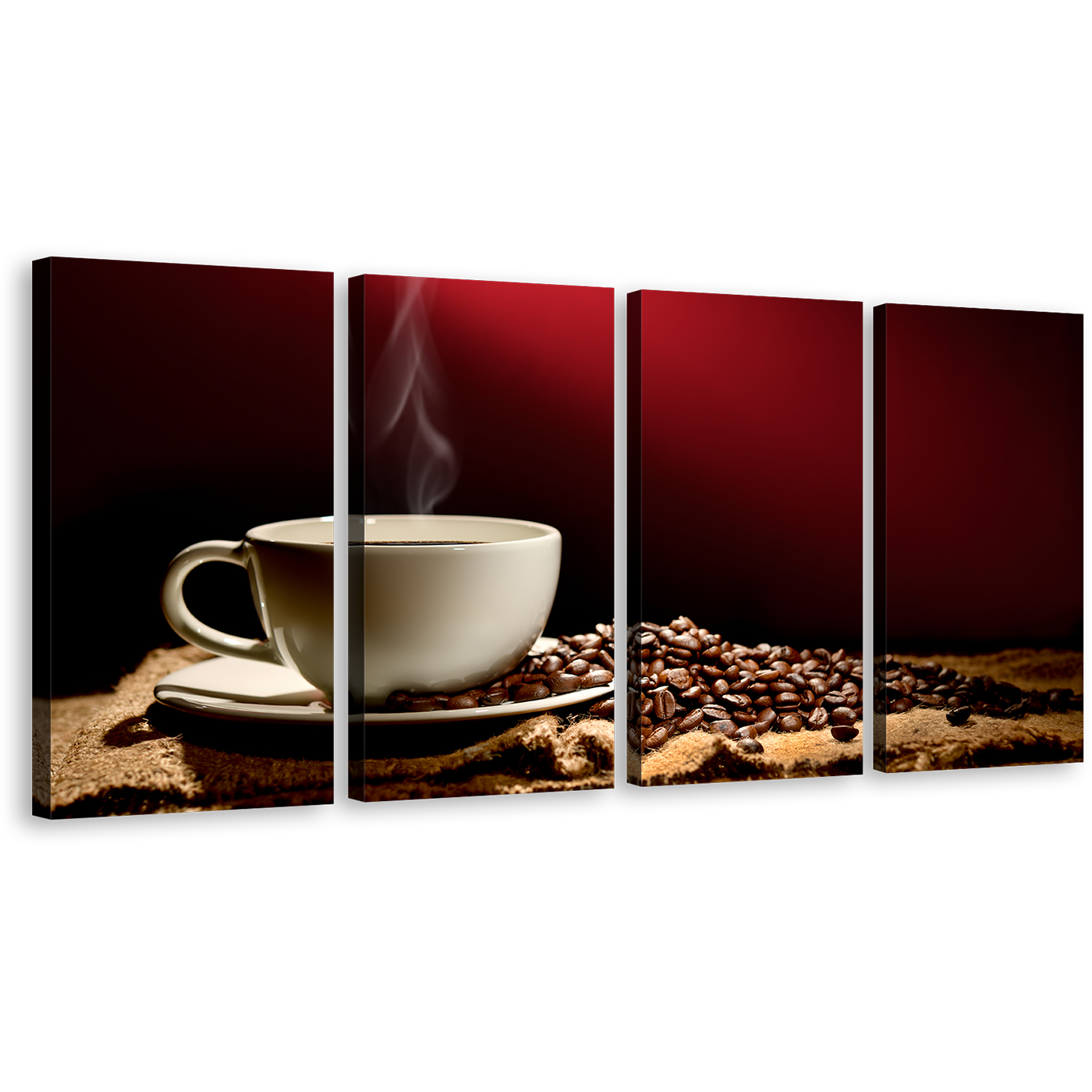 Coffee Cup Canvas Wall Art, Brown Coffee Beans Multiple Canvas, White Coffee Mug Smoke 4 Piece Canvas Print