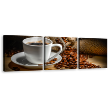 Load image into Gallery viewer, Coffee Cup Canvas Wall Art, Brown Coffee Canvas Photography 3 Piece Canvas Set, White Espresso Mug Canvas Print
