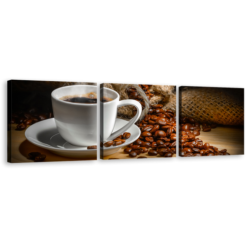 Coffee Cup Canvas Wall Art, Brown Coffee Canvas Photography 3 Piece Canvas Set, White Espresso Mug Canvas Print