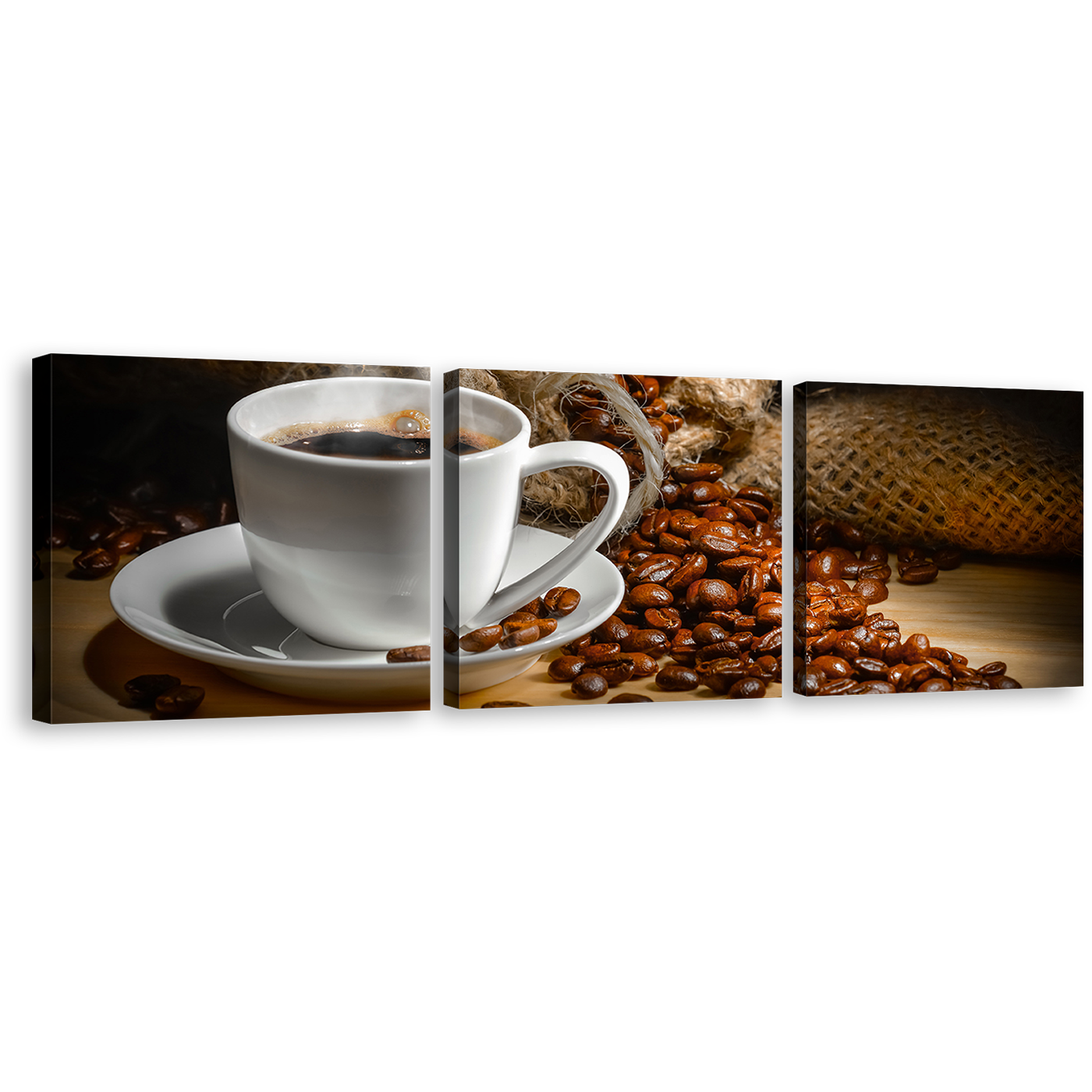 Coffee Cup Canvas Wall Art, Brown Coffee Canvas Photography 3 Piece Canvas Set, White Espresso Mug Canvas Print