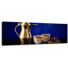 Load image into Gallery viewer, Coffee Cups Wall Art, Blue Background Cups Scene Canvas Art, Arabian Coffee Golden Teapot 1 Piece Canvas Print
