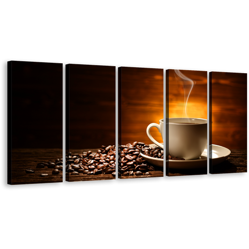 Coffee Mug Canvas Print, Coffee Smoke Canvas Set, Brown Coffee Beans 5 Piece Canvas, White Coffee Cup Canvas Print