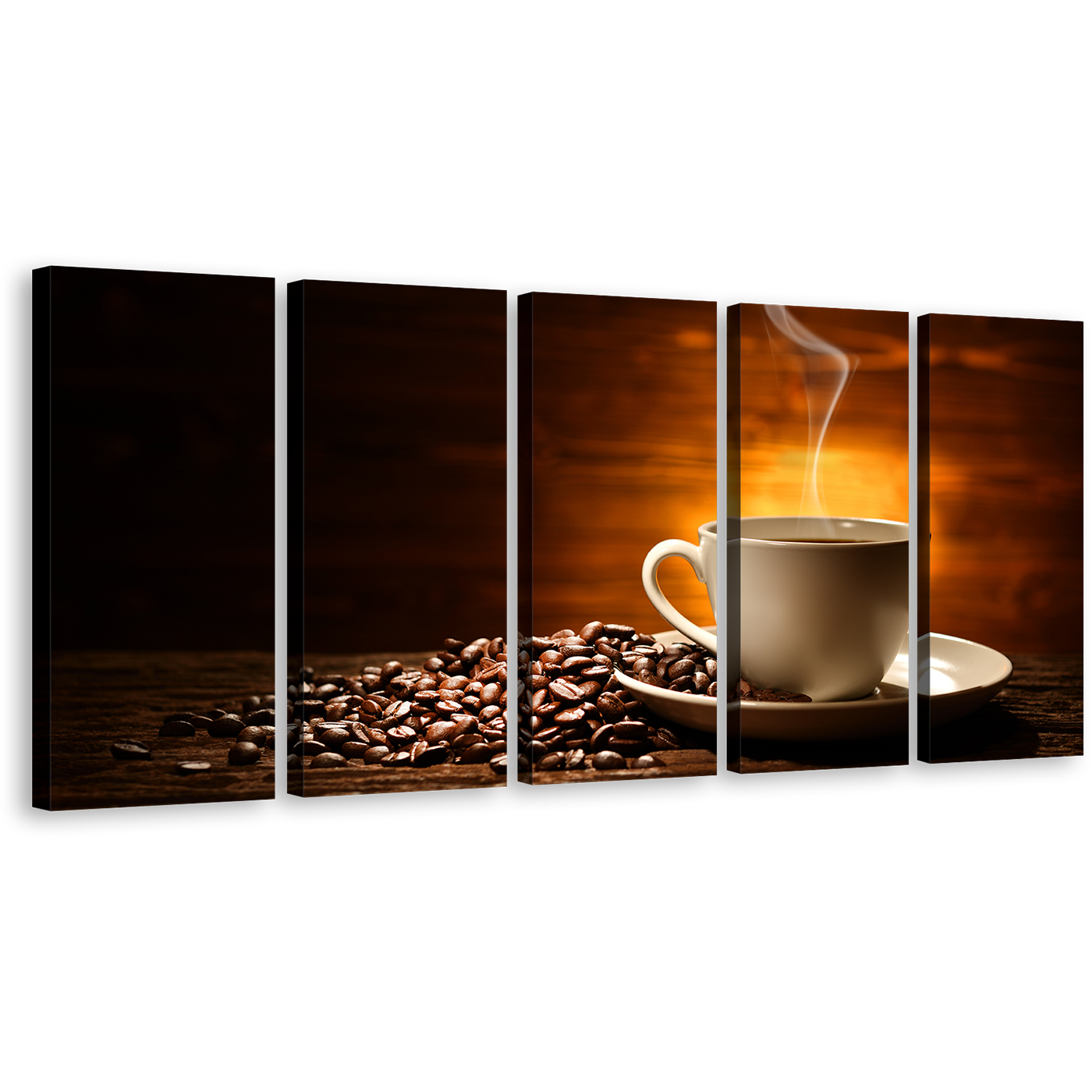 Coffee Mug Canvas Print, Coffee Smoke Canvas Set, Brown Coffee Beans 5 Piece Canvas, White Coffee Cup Canvas Print