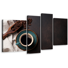 Load image into Gallery viewer, Coffee Mug Canvas Wall Art, Black Coffee Canvas Photography 4 Piece Canvas Print, Brown Coffee Beans Multi Canvas
