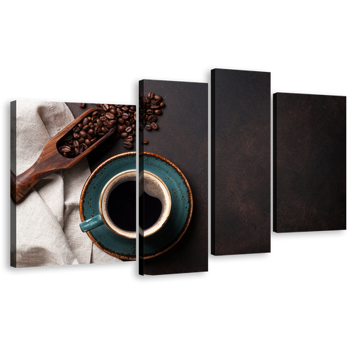 Coffee Mug Canvas Wall Art, Black Coffee Canvas Photography 4 Piece Canvas Print, Brown Coffee Beans Multi Canvas