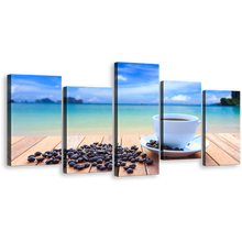 Load image into Gallery viewer, Coffee Ocean Canvas Print, Blue Ocean Sky Clouds Coffee Beans Multi Canvas, White Cup 5 Piece Wall Art
