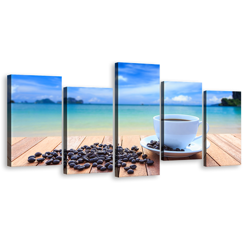 Coffee Ocean Canvas Print, Blue Ocean Sky Clouds Coffee Beans Multi Canvas, White Cup 5 Piece Wall Art