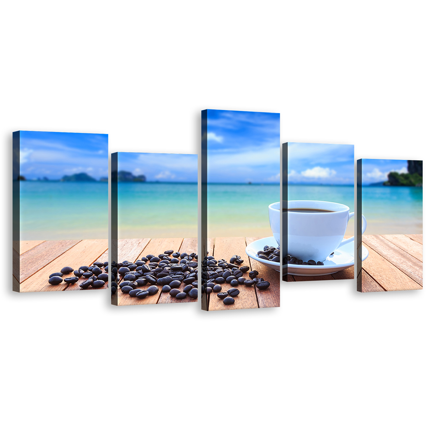 Coffee Ocean Canvas Print, Blue Ocean Sky Clouds Coffee Beans Multi Canvas, White Cup 5 Piece Wall Art