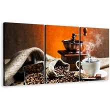 Load image into Gallery viewer, Coffee Sack Canvas Print, Brown Coffee Grinder Triptych Multiple Canvas, Still Life Coffee 3 Piece Canvas Wall Art
