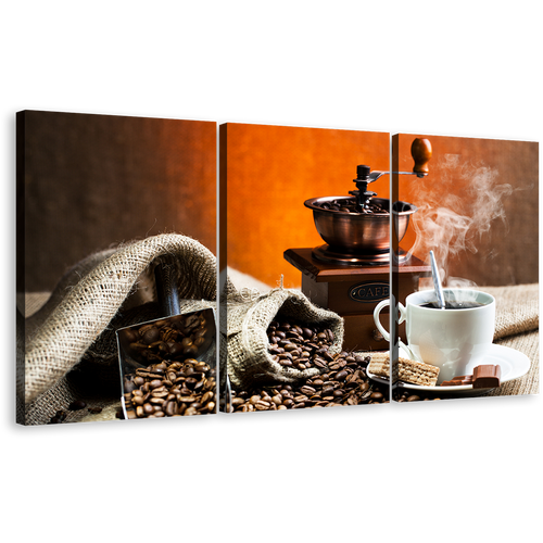 Coffee Sack Canvas Print, Brown Coffee Grinder Triptych Multiple Canvas, Still Life Coffee 3 Piece Canvas Wall Art