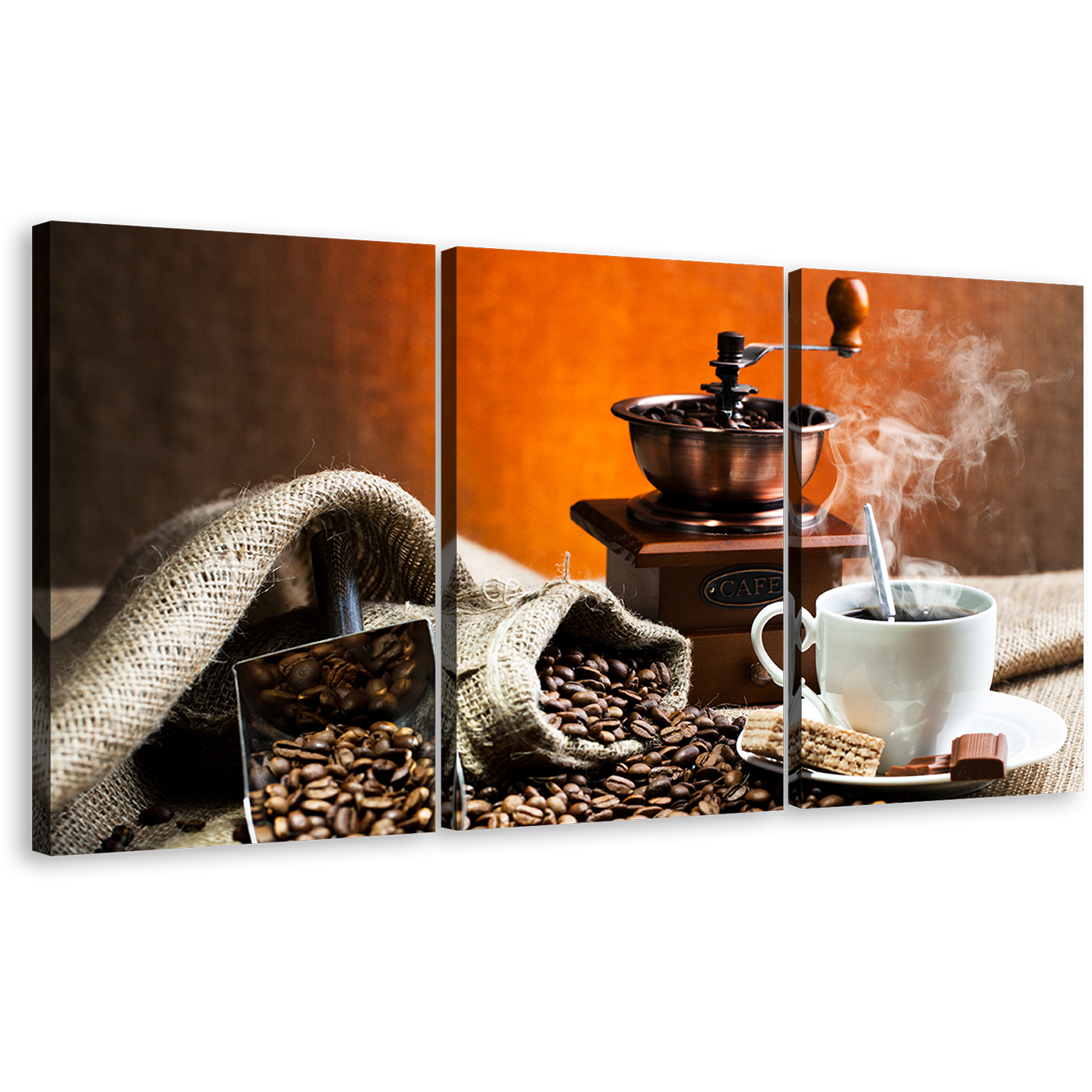 Coffee Sack Canvas Print, Brown Coffee Grinder Triptych Multiple Canvas, Still Life Coffee 3 Piece Canvas Wall Art