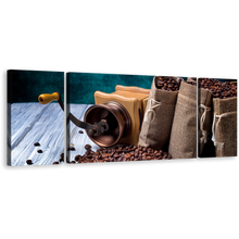 Load image into Gallery viewer, Coffee Sack Canvas Wall Art, Coffee White Wood Canvas Photography 3 Piece Canvas Print, Brown Coffee Seeds Multi Canvas Artwork
