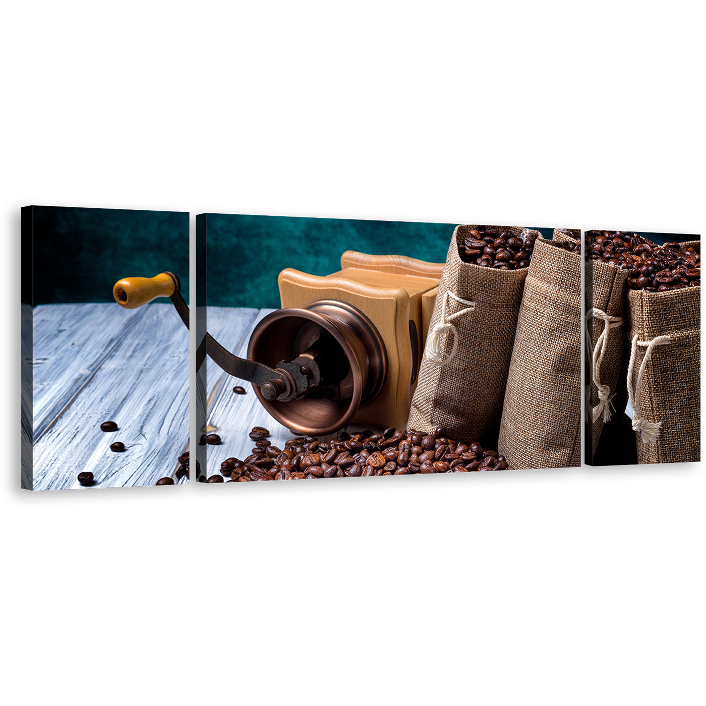 Coffee Sack Canvas Wall Art, Coffee White Wood Canvas Photography 3 Piece Canvas Print, Brown Coffee Seeds Multi Canvas Artwork