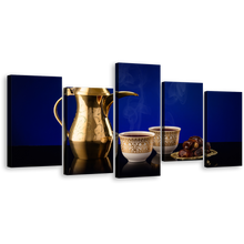 Load image into Gallery viewer, Coffee Scene Wall Art, Golden Arabian Coffee Teapot 5 Piece Multi Canvas, Blue Background Cups Canvas Print
