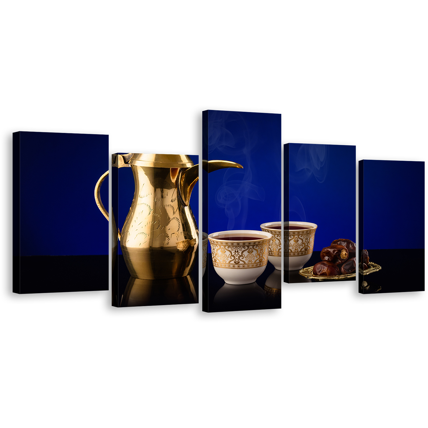 Coffee Scene Wall Art, Golden Arabian Coffee Teapot 5 Piece Multi Canvas, Blue Background Cups Canvas Print