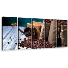 Load image into Gallery viewer, Coffee Seeds Canvas Wall Art, White Wood Coffee Sack 5 Piece Canvas Print, Brown Coffee Beans Grinder Multiple Canvas
