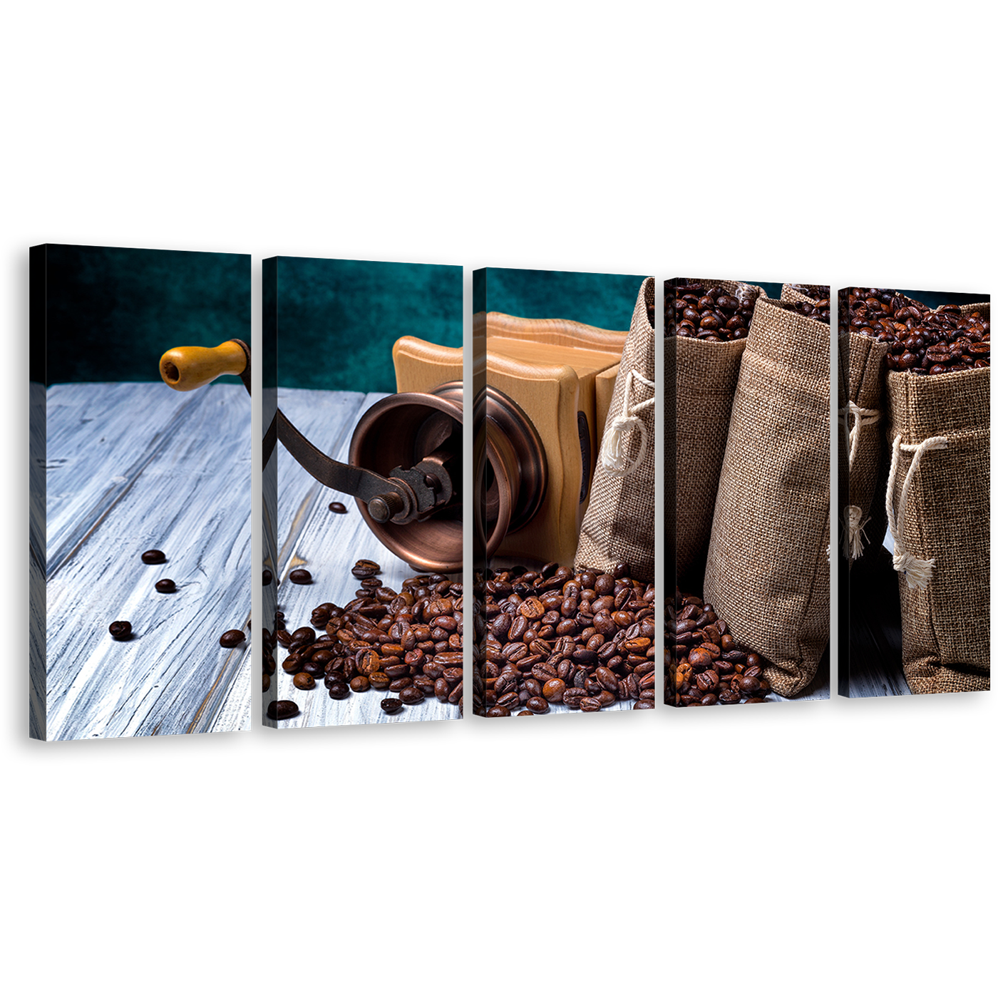 Coffee Seeds Canvas Wall Art, White Wood Coffee Sack 5 Piece Canvas Print, Brown Coffee Beans Grinder Multiple Canvas