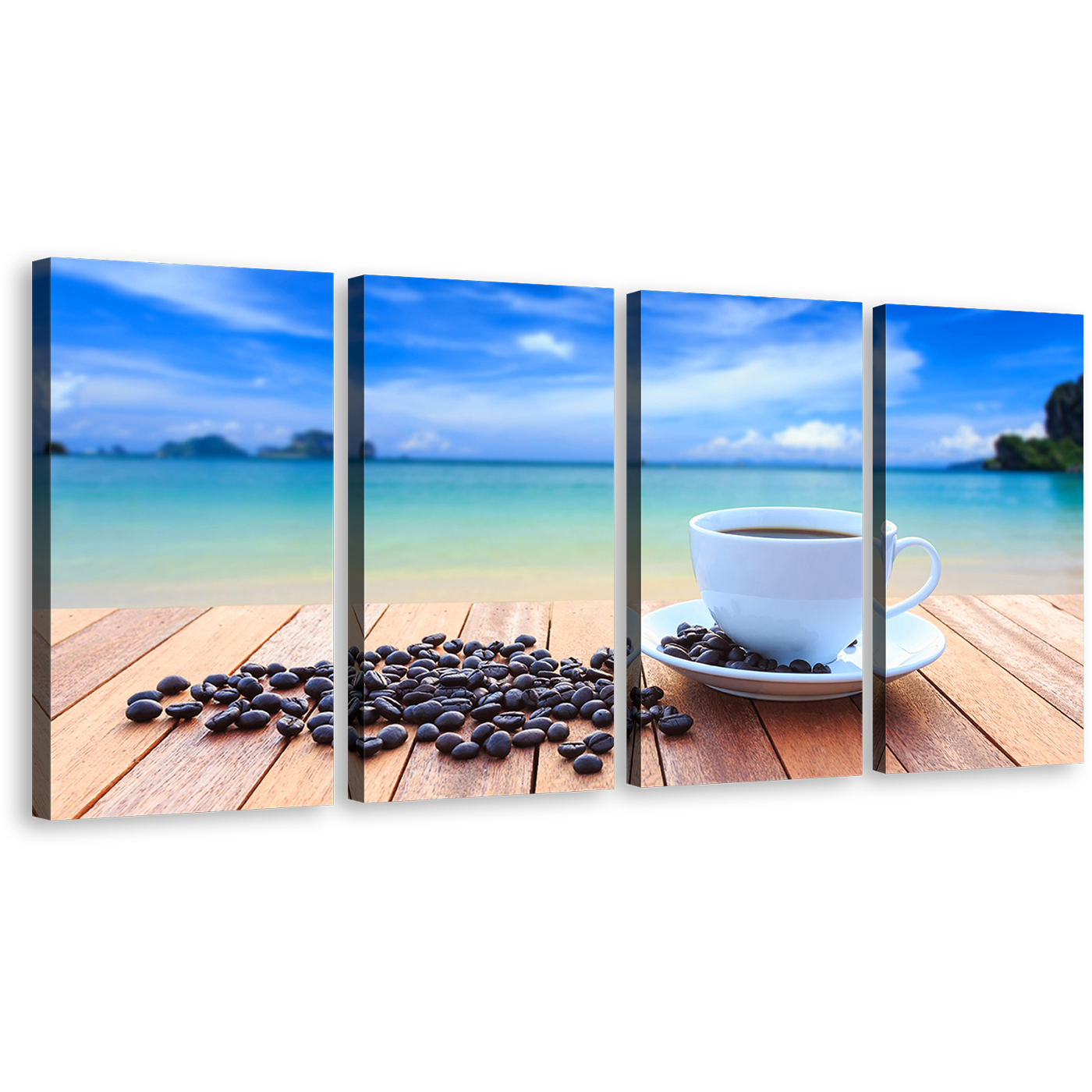 Coffee Sunrise Wall Art, White Cup Canvas Set, Brown Coffee Beans 4 Piece Canvas Multi-panel Print