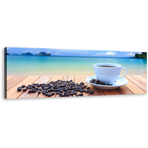 Coffee Sunset Canvas Print, Brown Beans Panoramic Canvas Art, Blue Ocean Sky 1 Piece Wall Art