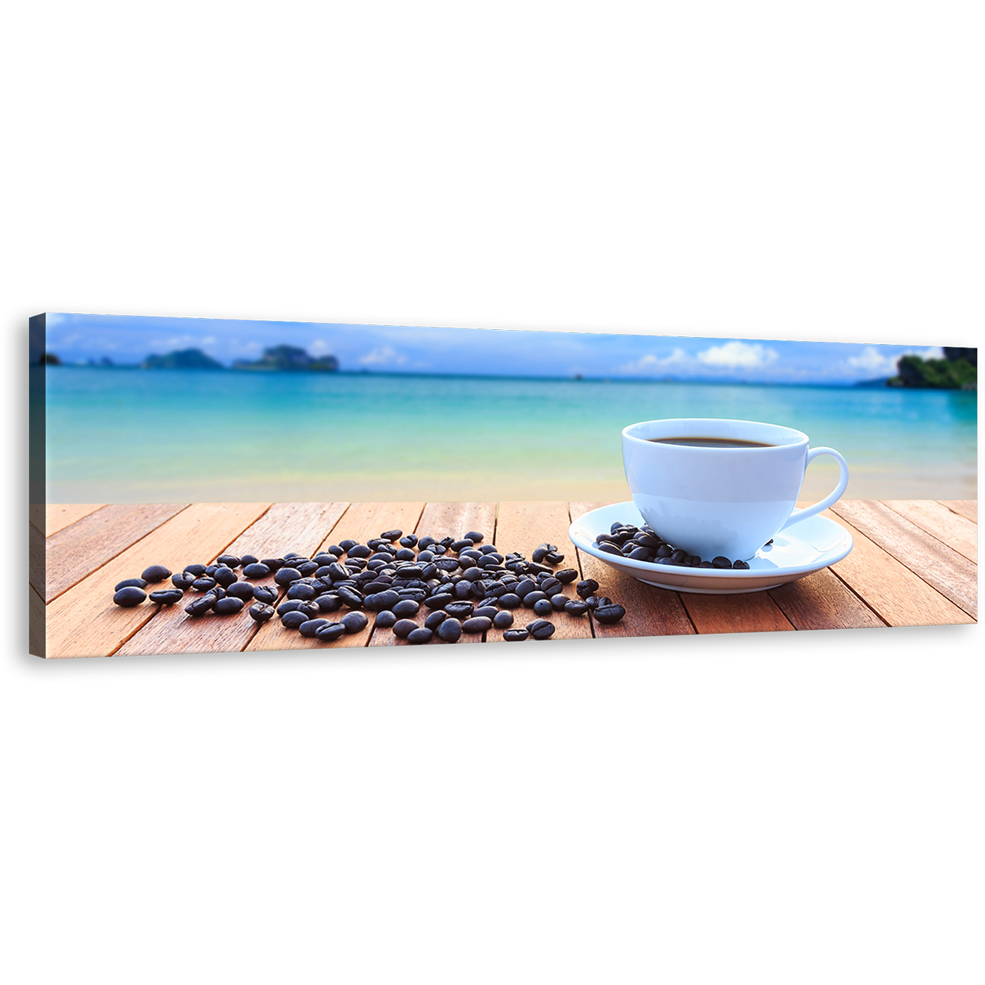 Coffee Sunset Canvas Print, Brown Beans Panoramic Canvas Art, Blue Ocean Sky 1 Piece Wall Art