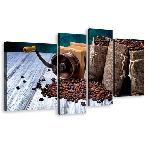 Coffee Wood Canvas Wall Art, Brown Coffee Seeds 4 Piece Canvas Set, White Wood Coffee Beans Canvas Print