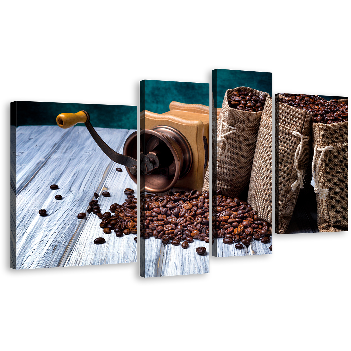 Coffee Wood Canvas Wall Art, Brown Coffee Seeds 4 Piece Canvas Set, White Wood Coffee Beans Canvas Print