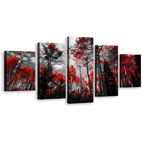 Colorado Forest Canvas Wall Art, Red Trees Scenery 5 Piece Canvas Print, Black and White Sky Multi Canvas