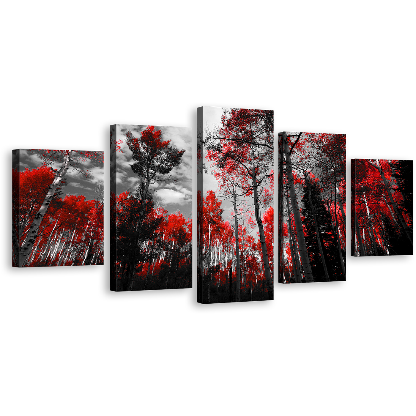 Colorado Forest Canvas Wall Art, Red Trees Scenery 5 Piece Canvas Print, Black and White Sky Multi Canvas