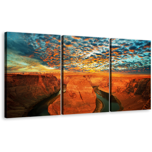 Colorado River Canvas Wall Art, Horseshoe Bend Cloudy Green Sky 3 Piece Canvas Print, Grand Canyon National Park Canvas Set, Arizona Brown Desert Multi Canvas