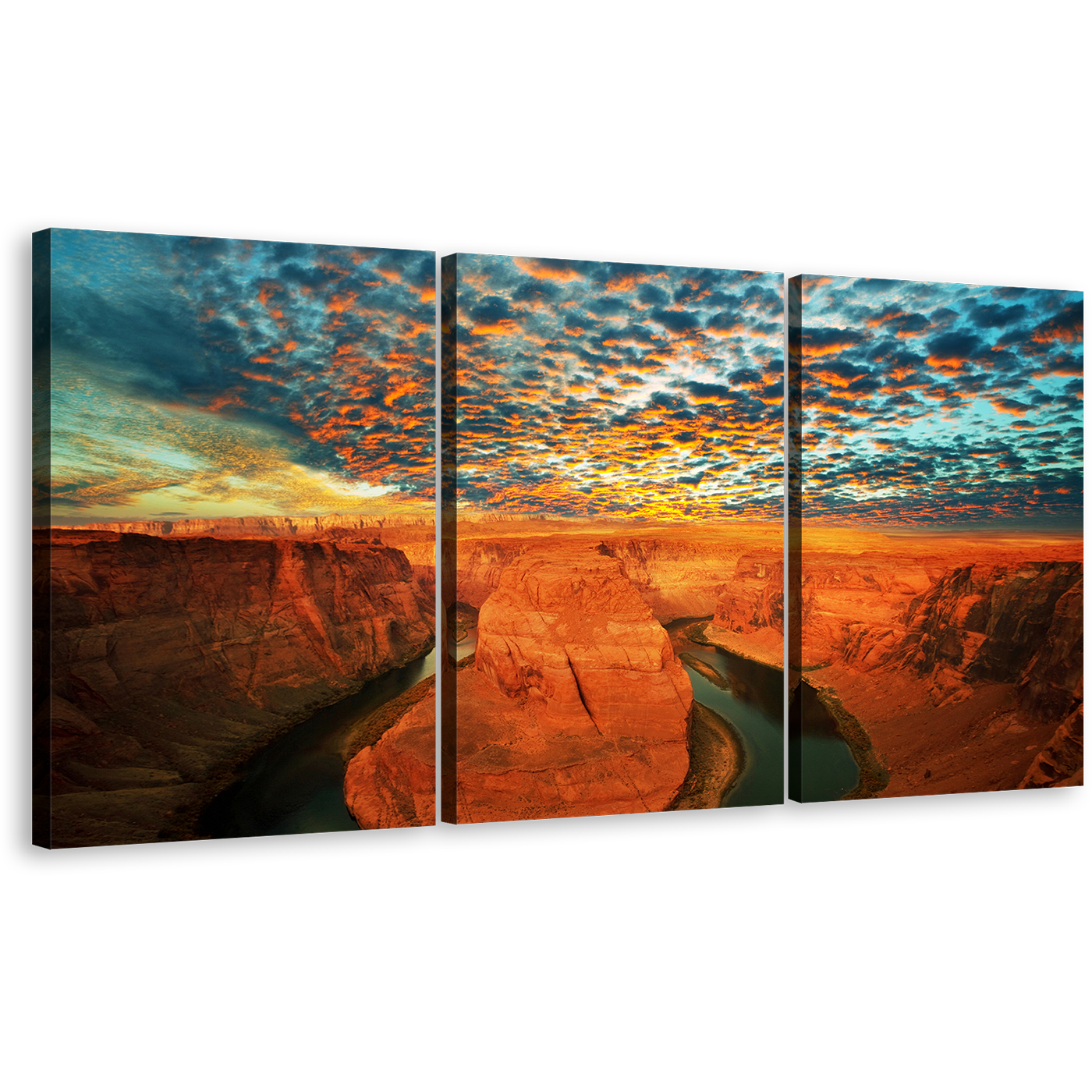 Colorado River Canvas Wall Art, Horseshoe Bend Cloudy Green Sky 3 Piece Canvas Print, Grand Canyon National Park Canvas Set, Arizona Brown Desert Multi Canvas