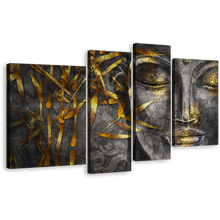 Load image into Gallery viewer, Concrete Buddha Canvas Wall Art, Grey 3D Buddha 4 Piece Canvas Print, Gold Leaves Buddha Multiple Canvas
