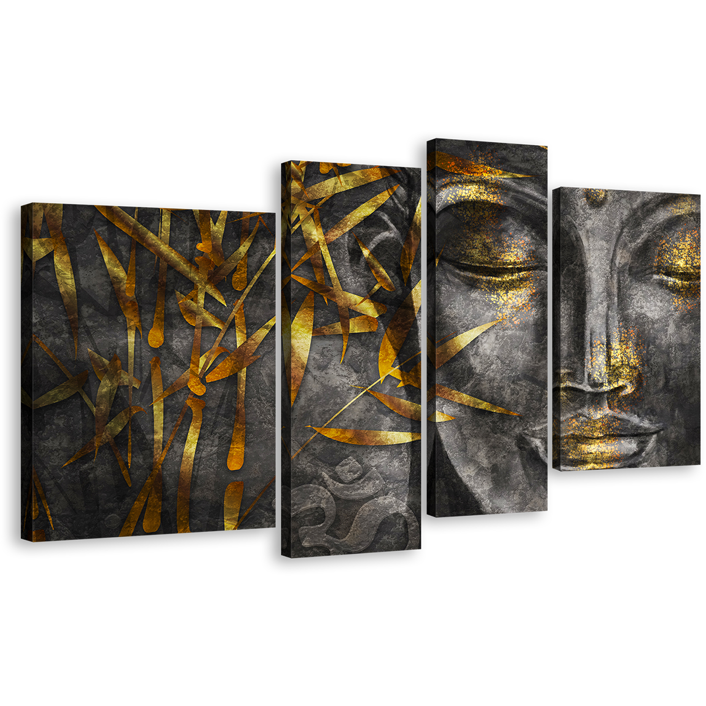 Concrete Buddha Canvas Wall Art, Grey 3D Buddha 4 Piece Canvas Print, Gold Leaves Buddha Multiple Canvas