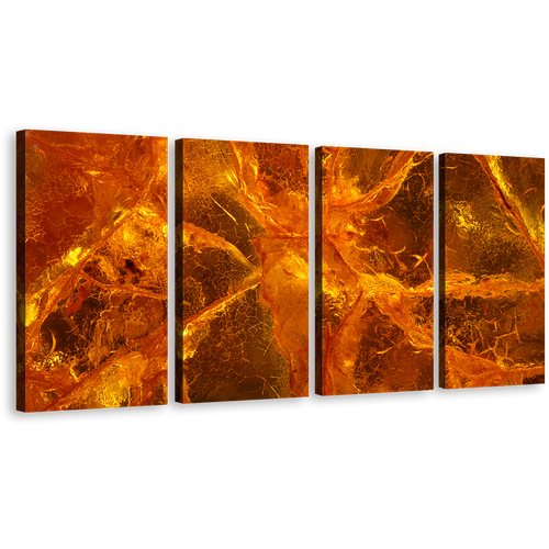 Contemporary Abstract Canvas Print, Orange Brown Amber Stone 4 Piece Canvas Wall Art, Gemstone Close Up Multi Canvas Artwork