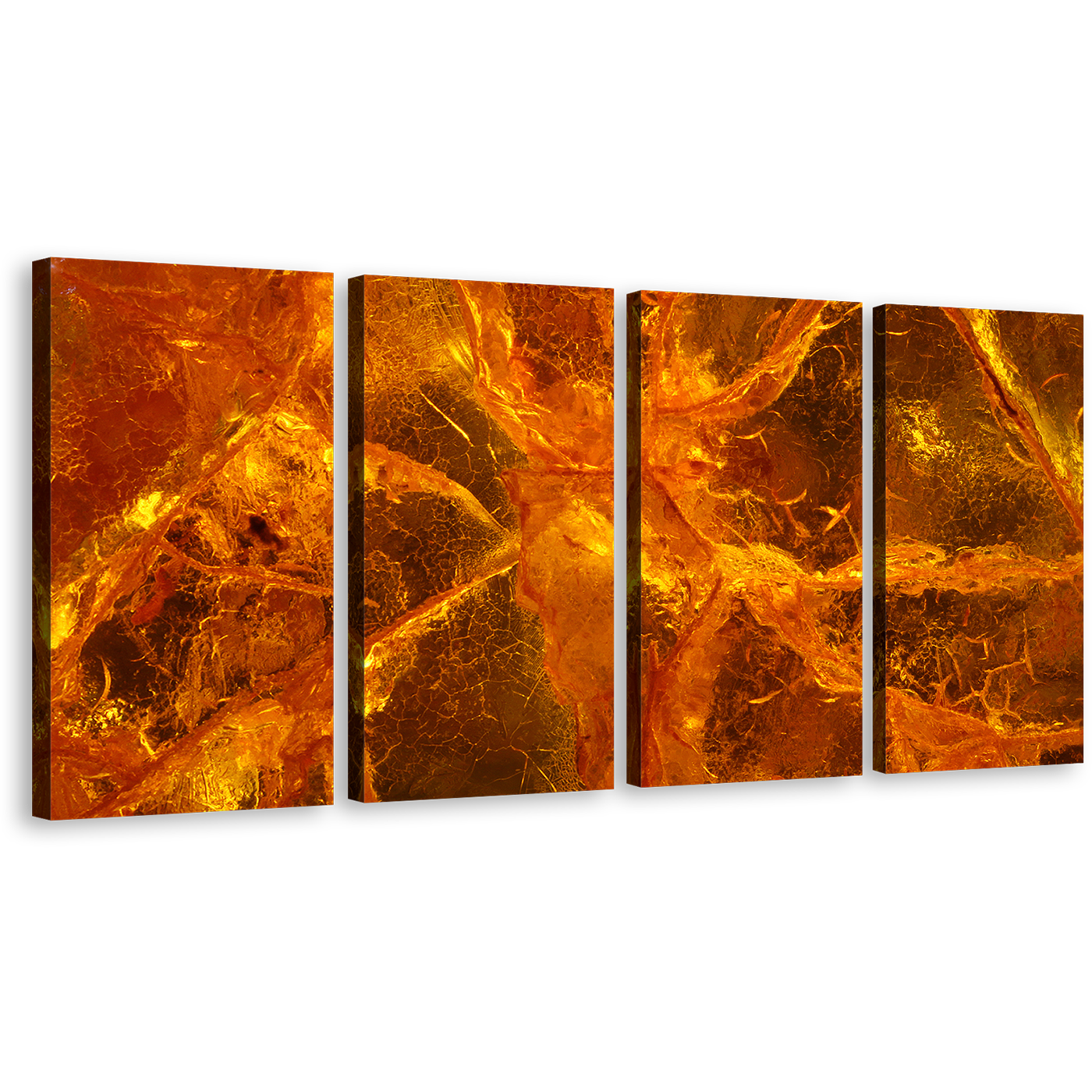 Contemporary Abstract Canvas Print, Orange Brown Amber Stone 4 Piece Canvas Wall Art, Gemstone Close Up Multi Canvas Artwork