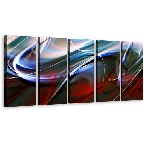 Contemporary Abstract Canvas Wall Art, Beautiful Blue Modern Abstract Waves 5 Piece Canvas Print, Red Abstract Patterns Canvas Set