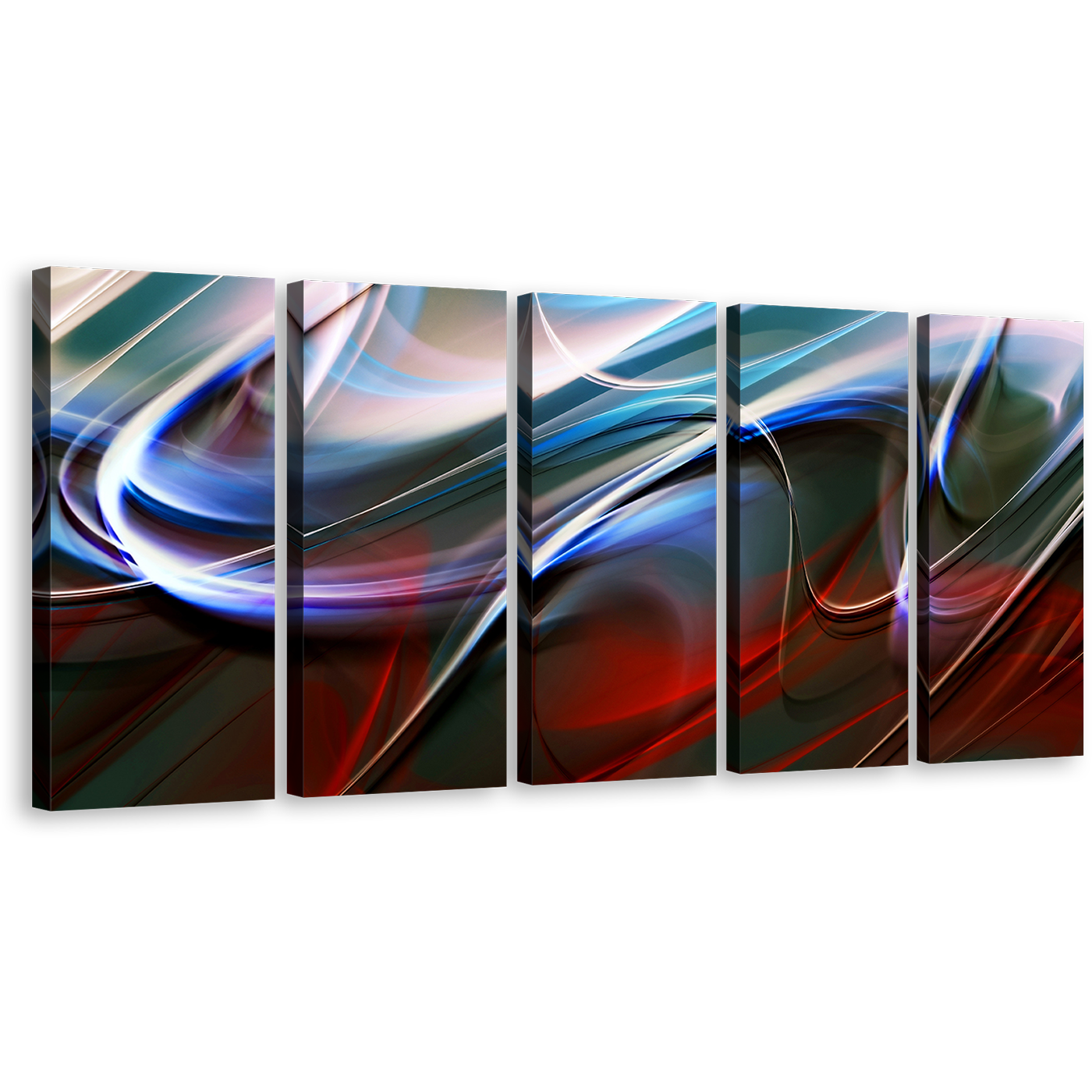 Contemporary Abstract Canvas Wall Art, Beautiful Blue Modern Abstract Waves 5 Piece Canvas Print, Red Abstract Patterns Canvas Set