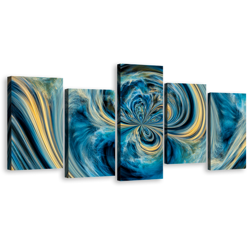 Contemporary Abstract Canvas Wall Art, Blue Abstract Liquid 5 Piece Multi Canvas, Artistic Artwork Print, Yellow Abstract Dream Canvas Set