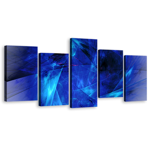 Contemporary Abstract Canvas Wall Art, Bright Abstract Fractal 5 Piece Canvas Set, Blue Black Elegant Abstract Fractal Canvas Print