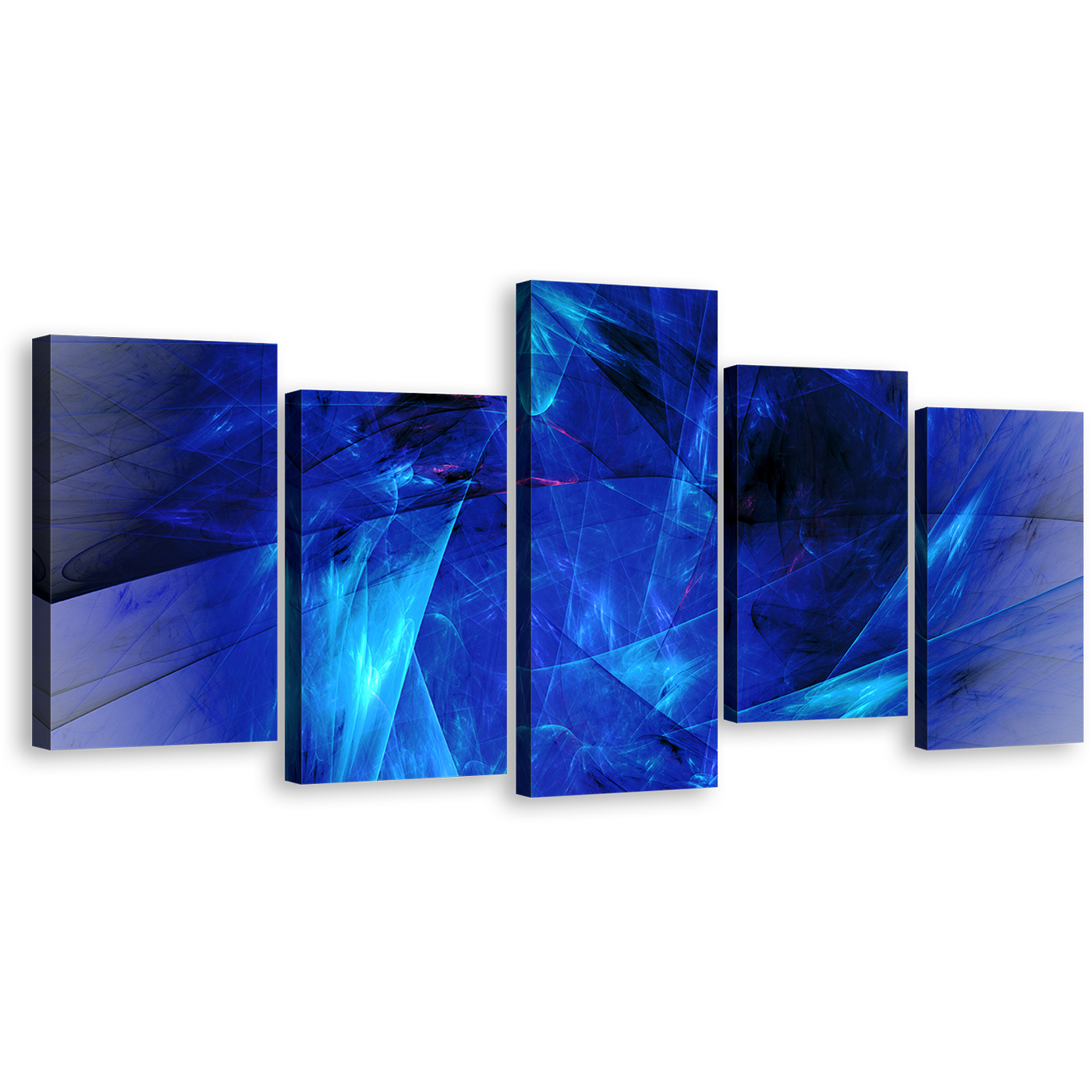 Contemporary Abstract Canvas Wall Art, Bright Abstract Fractal 5 Piece Canvas Set, Blue Black Elegant Abstract Fractal Canvas Print