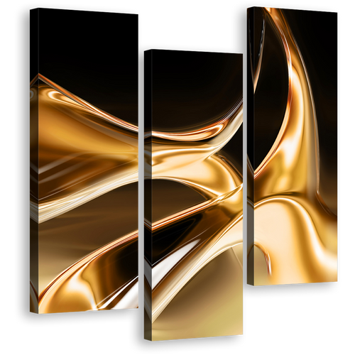 Contemporary Abstract Canvas Wall Art, Brown Modern Abstract Triptych Canvas Set, Liquid Gold Abstract 3 Piece Canvas Print