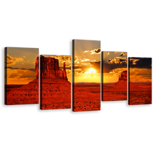 Load image into Gallery viewer, Contemporary Desert Canvas Wall Art, Orange Sunset Monument Valley 5 Piece Multi Canvas, Arizona Iconic Red Sand Desert Canvas Print
