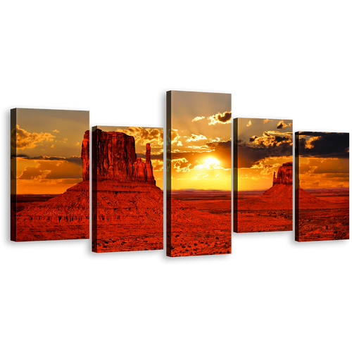 Contemporary Desert Canvas Wall Art, Orange Sunset Monument Valley 5 Piece Multi Canvas, Arizona Iconic Red Sand Desert Canvas Print