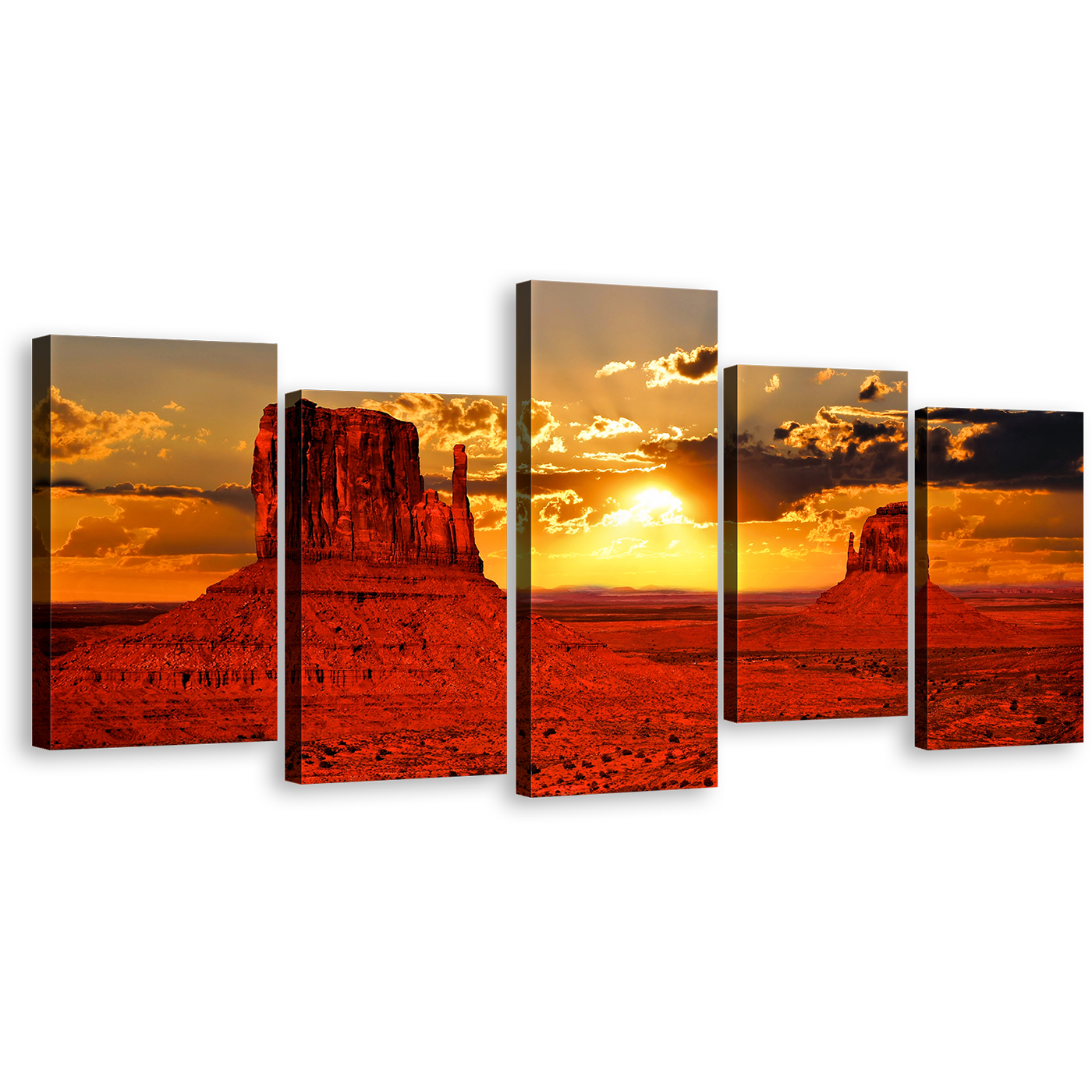 Contemporary Desert Canvas Wall Art, Orange Sunset Monument Valley 5 Piece Multi Canvas, Arizona Iconic Red Sand Desert Canvas Print