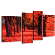 Load image into Gallery viewer, Contemporary Forest Canvas Wall Art, Black Trees Forest Canvas Print, Red Blossoms Path 4 Piece Multiple Canvas
