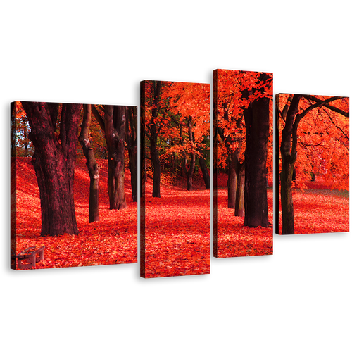 Contemporary Forest Canvas Wall Art, Black Trees Forest Canvas Print, Red Blossoms Path 4 Piece Multiple Canvas