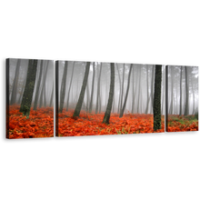 Load image into Gallery viewer, Contemporary Forest Wall Art, Red Grass Grey Rain Scenery Triptych Canvas Set, Mystic Charcoal Sunlight Canvas Print
