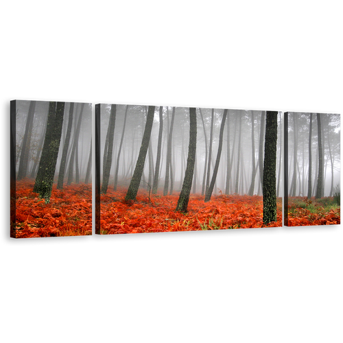 Contemporary Forest Wall Art, Red Grass Grey Rain Scenery Triptych Canvas Set, Mystic Charcoal Sunlight Canvas Print