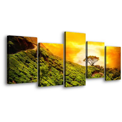 Contemporary Sunset Canvas Wall Art, Yellow Sky Kerala Alone Tree 5 Piece Canvas, Green Munnar Kerala Landscape Canvas Print